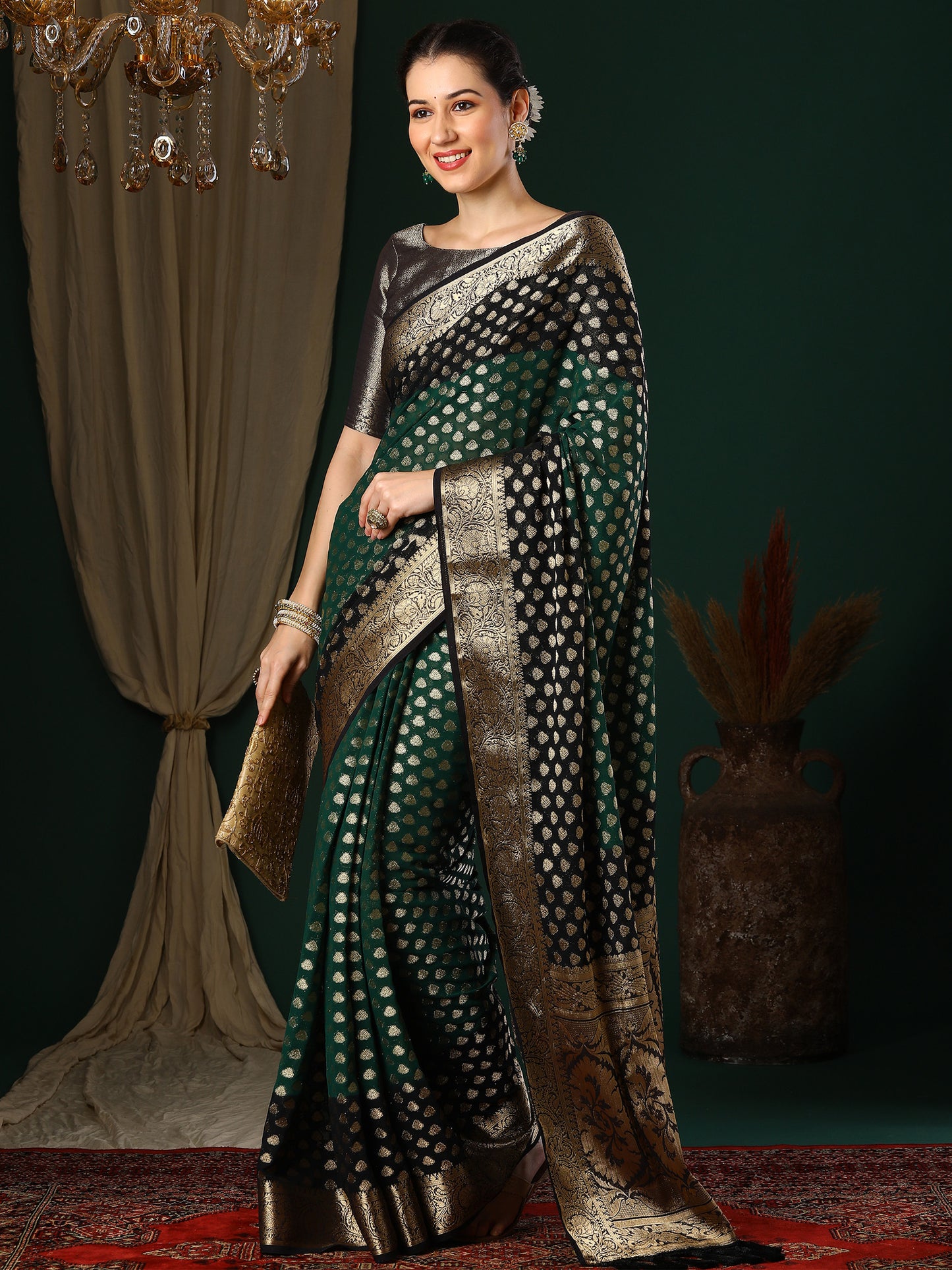 Women's Georgette Green Woven Design Designer Saree With Blouse Piece