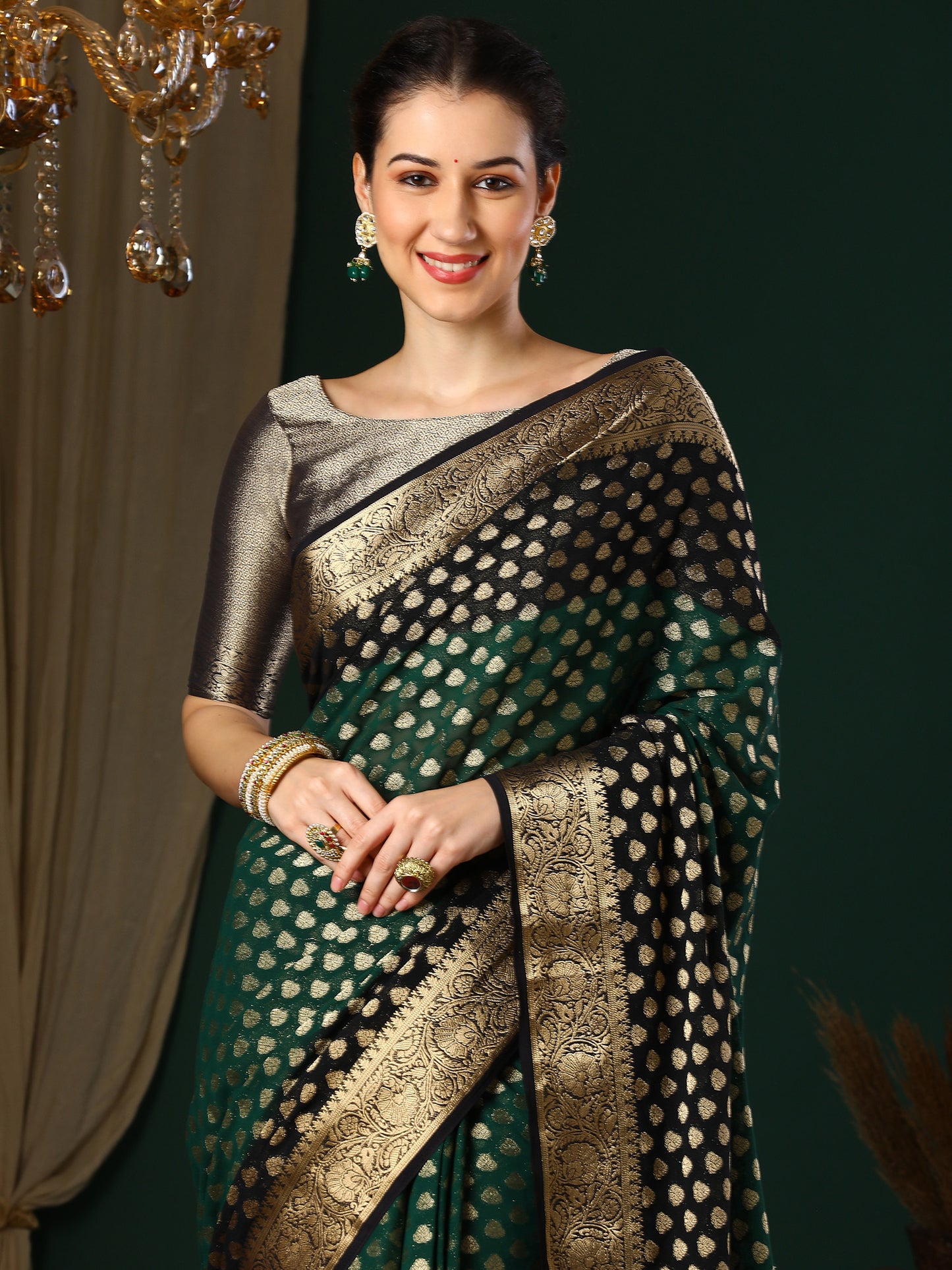 Women's Georgette Green Woven Design Designer Saree With Blouse Piece