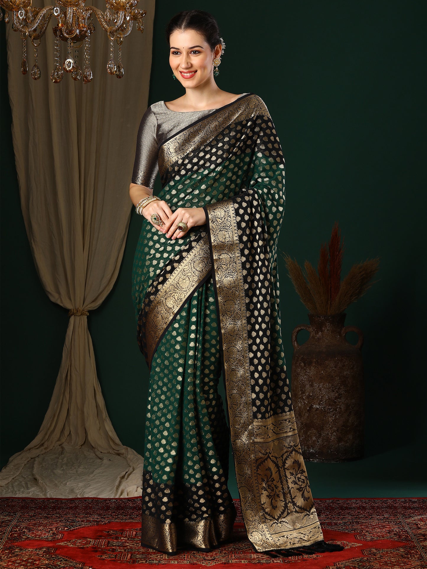 Women's Georgette Green Woven Design Designer Saree With Blouse Piece