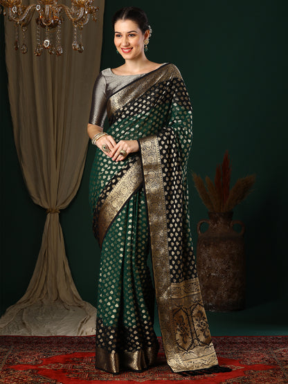 Women's Georgette Green Woven Design Designer Saree With Blouse Piece
