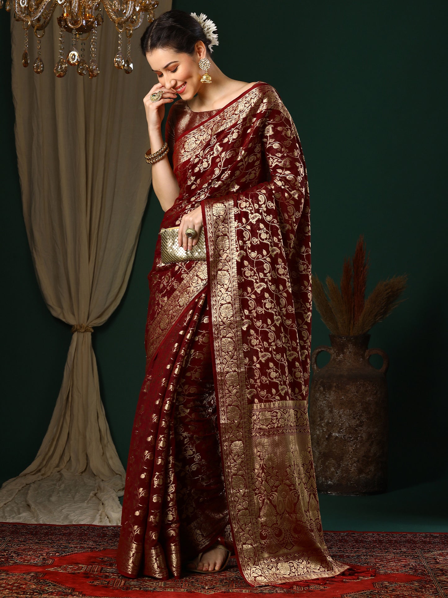 Women's Georgette Maroon Woven Design Designer Saree With Blouse Piece