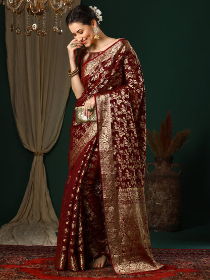 Women's Georgette Maroon Woven Design Designer Saree With Blouse Piece