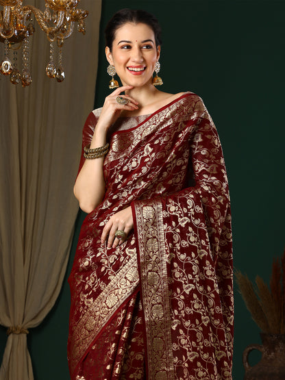 Women's Georgette Maroon Woven Design Designer Saree With Blouse Piece