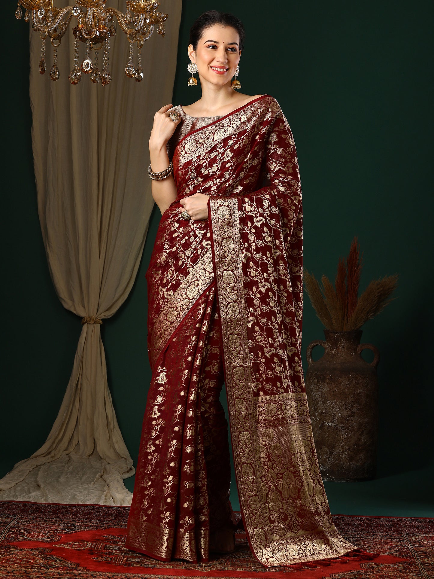 Women's Georgette Maroon Woven Design Designer Saree With Blouse Piece