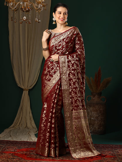 Women's Georgette Maroon Woven Design Designer Saree With Blouse Piece