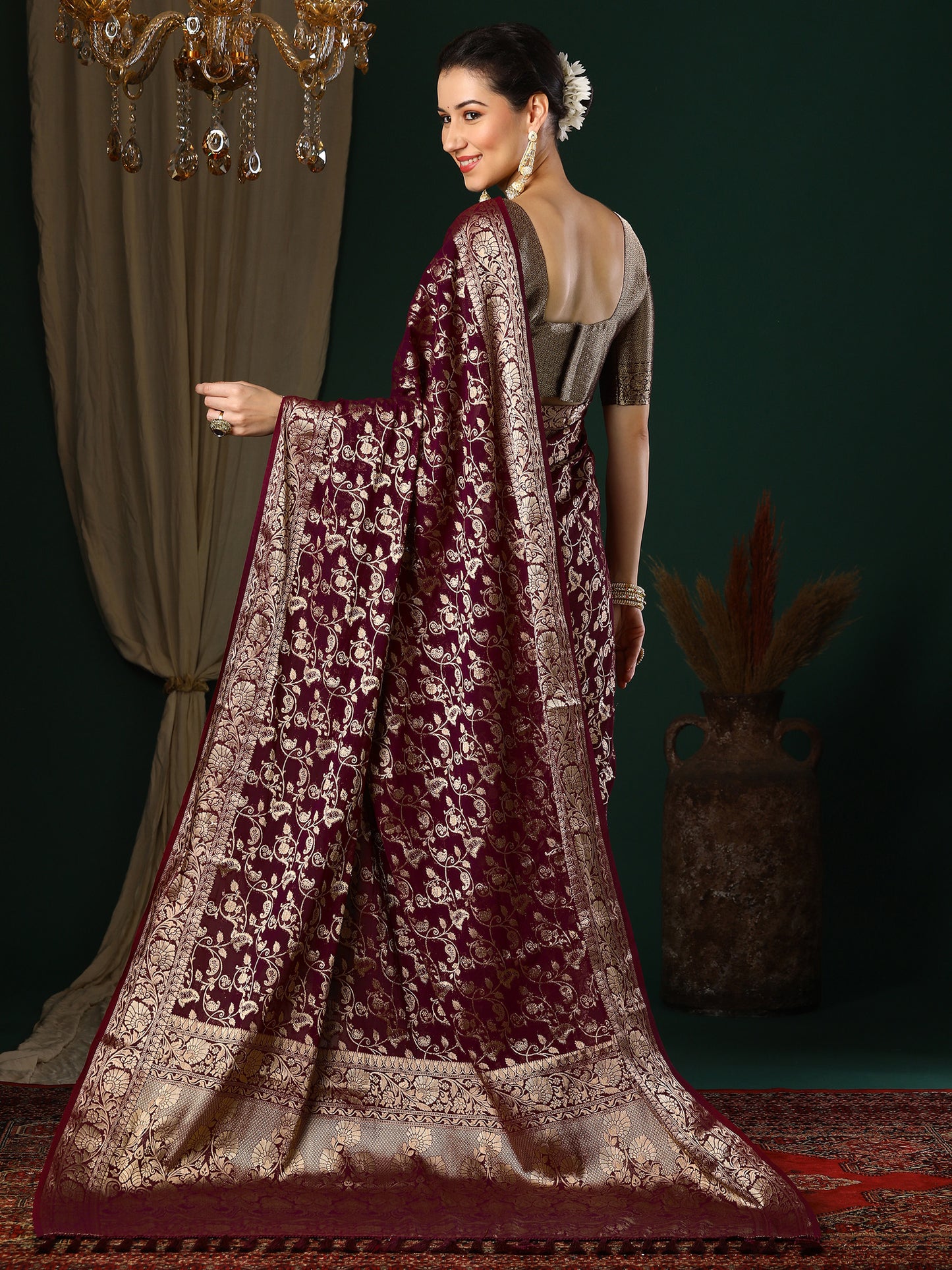 Women's Georgette Magenta Woven Design Designer Saree With Blouse Piece