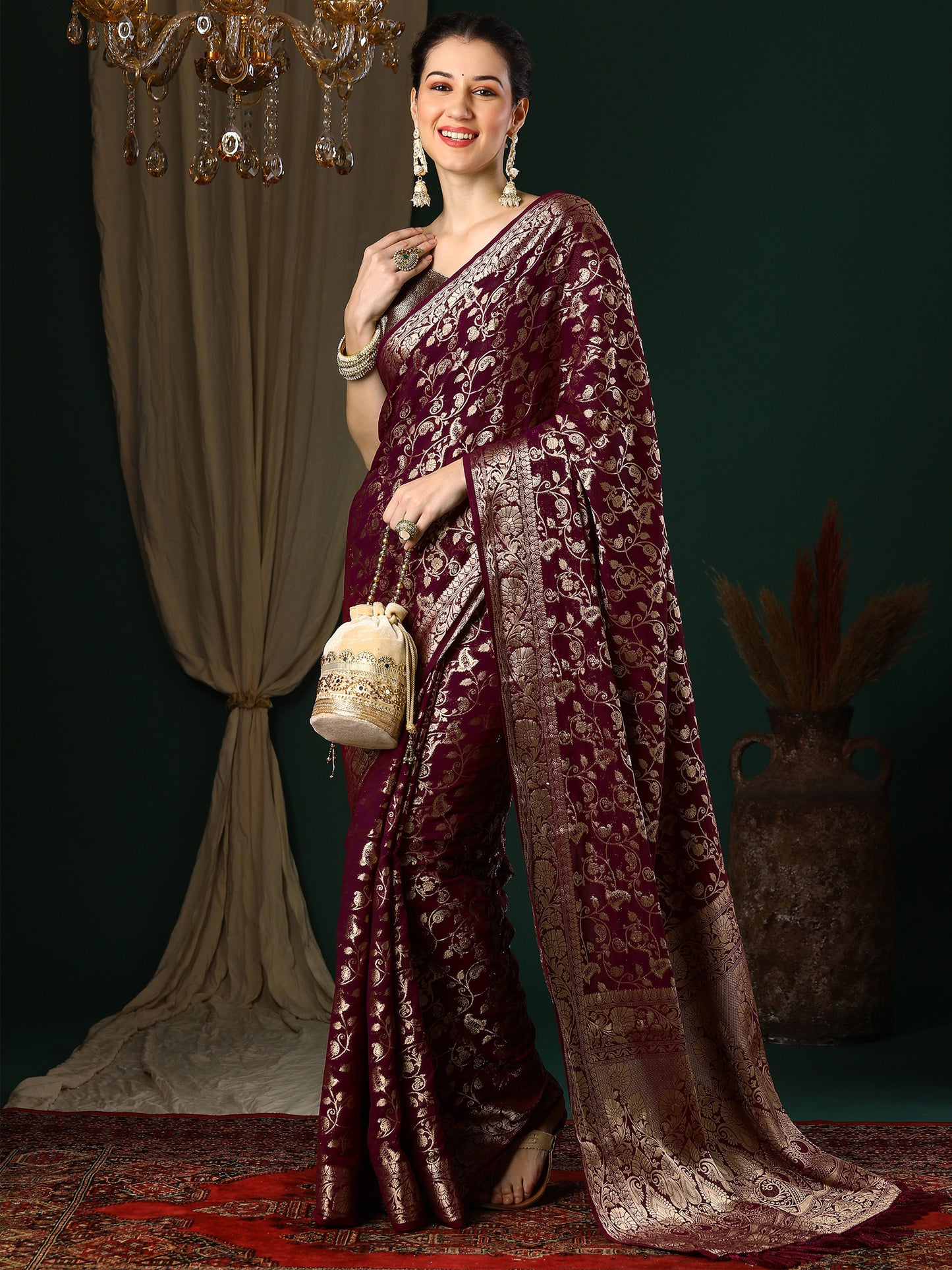 Women's Georgette Magenta Woven Design Designer Saree With Blouse Piece