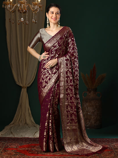 Women's Georgette Magenta Woven Design Designer Saree With Blouse Piece