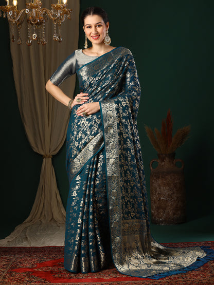 Women's Georgette Teal blue Woven Design Designer Saree With Blouse Piece