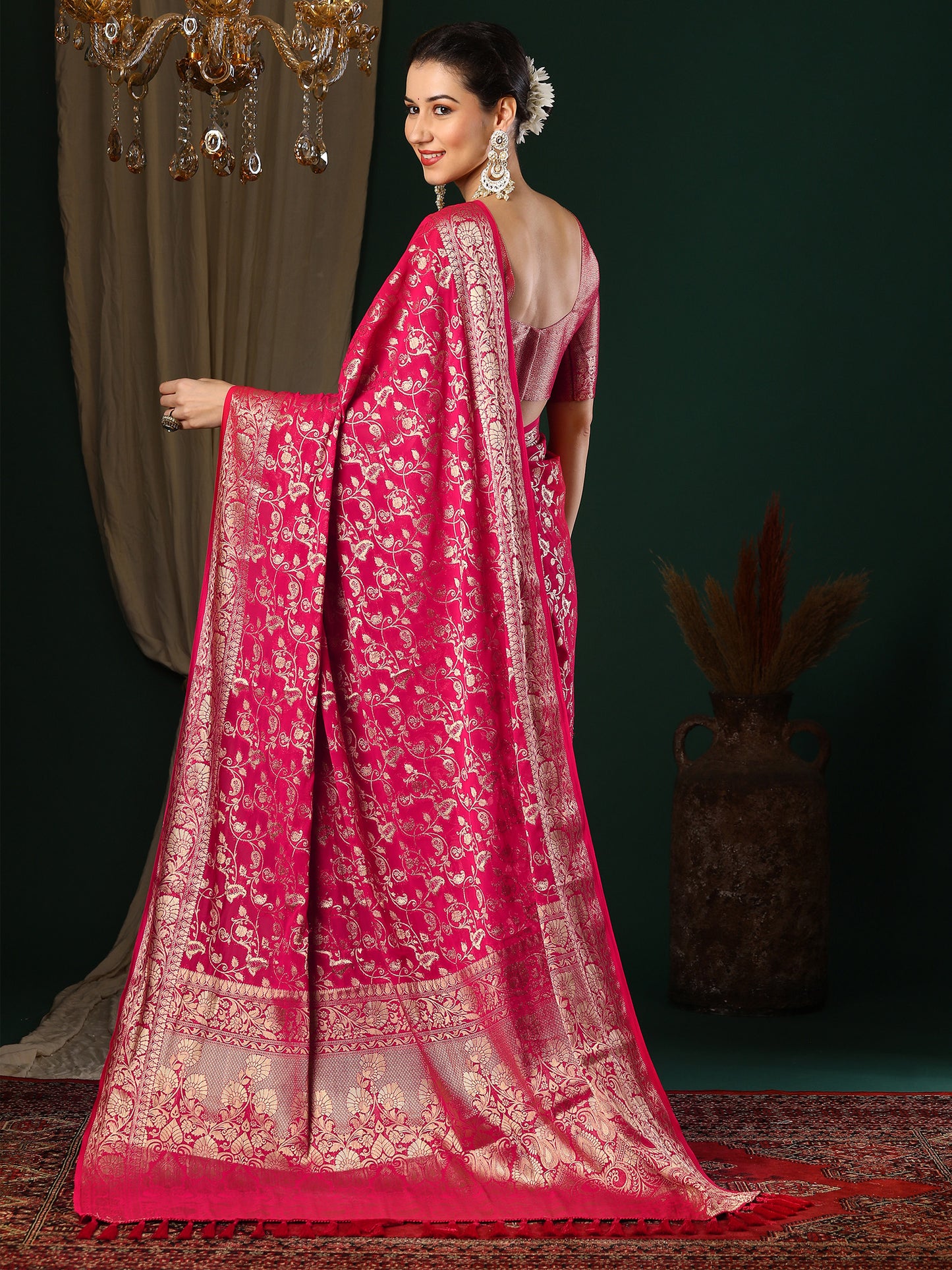 Women's Georgette Pink Woven Design Designer Saree With Blouse Piece