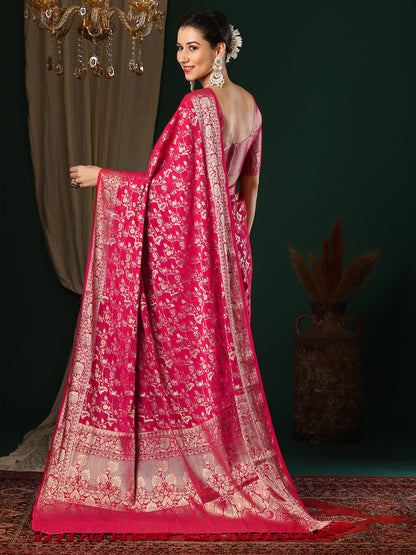 Women's Georgette Pink Woven Design Designer Saree With Blouse Piece