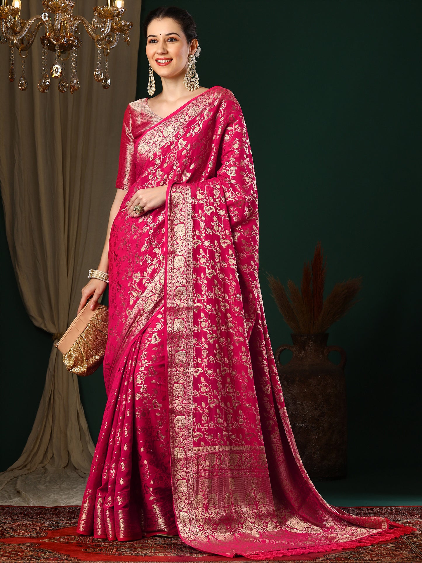 Women's Georgette Pink Woven Design Designer Saree With Blouse Piece