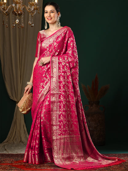 Women's Georgette Pink Woven Design Designer Saree With Blouse Piece