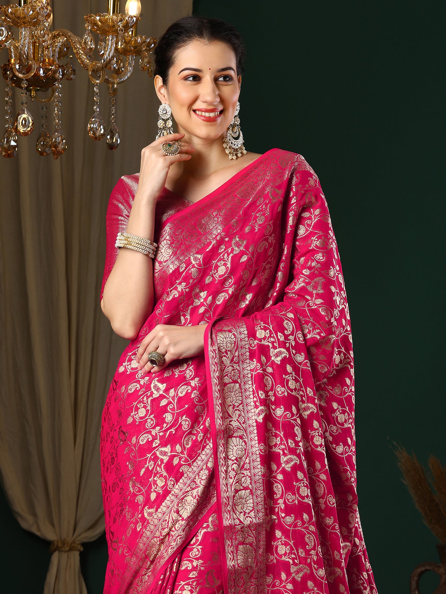 Women's Georgette Pink Woven Design Designer Saree With Blouse Piece