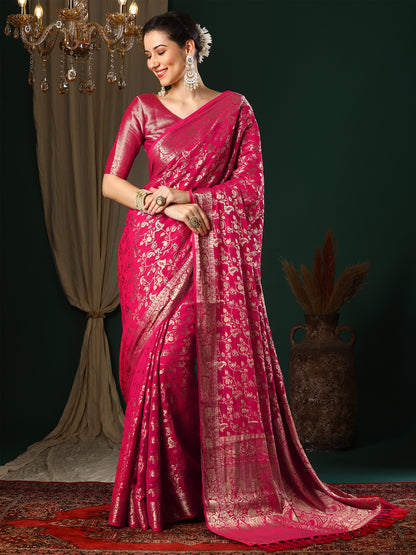 Women's Georgette Pink Woven Design Designer Saree With Blouse Piece