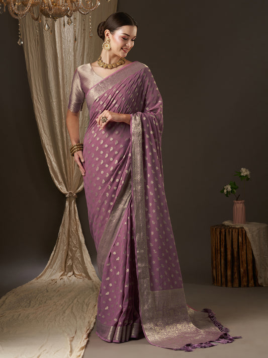 Women's Georgette Mauve Woven Design Designer Saree With Blouse Piece