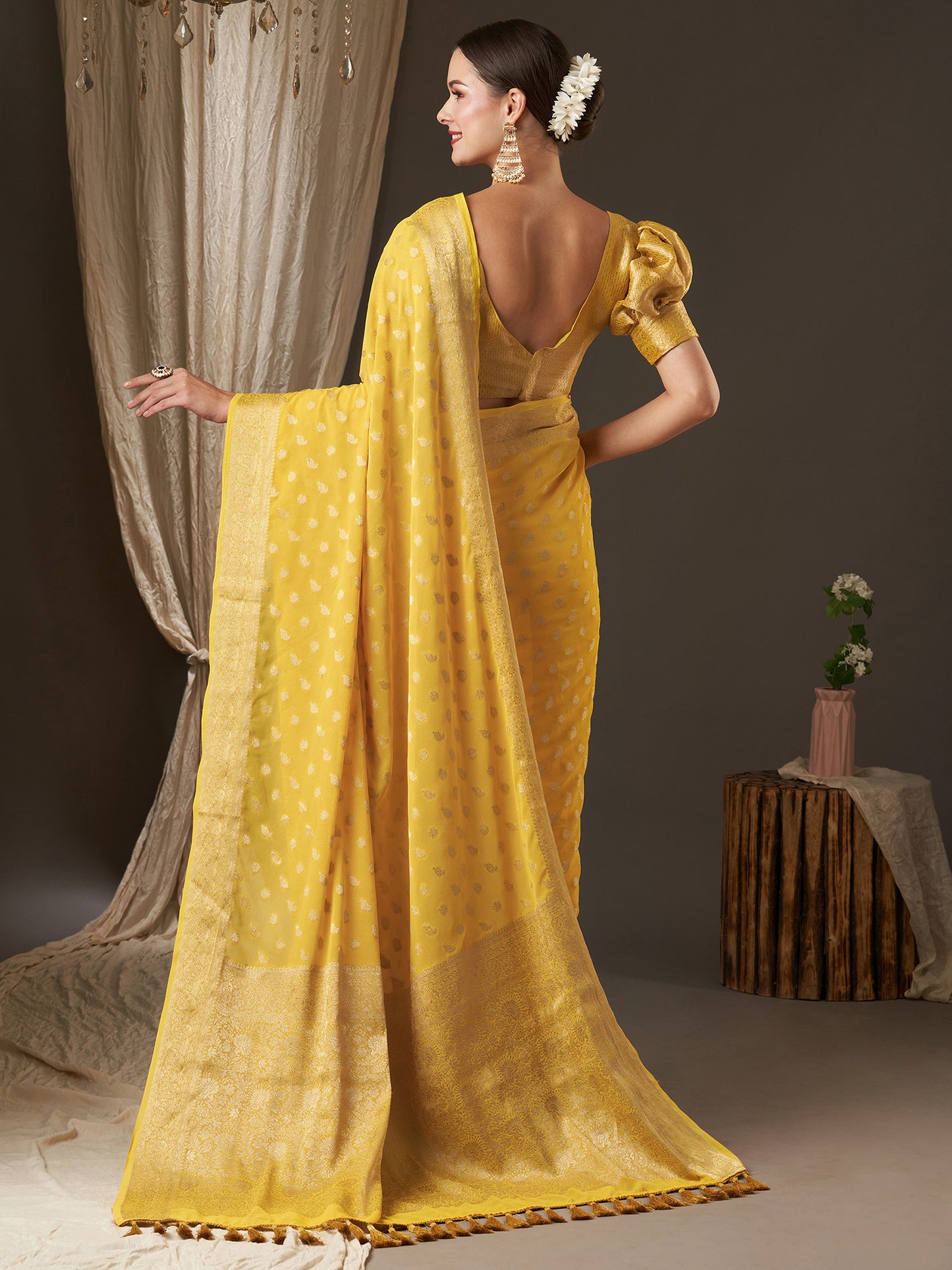 Women's Georgette Yellow Woven Design Designer Saree With Blouse Piece