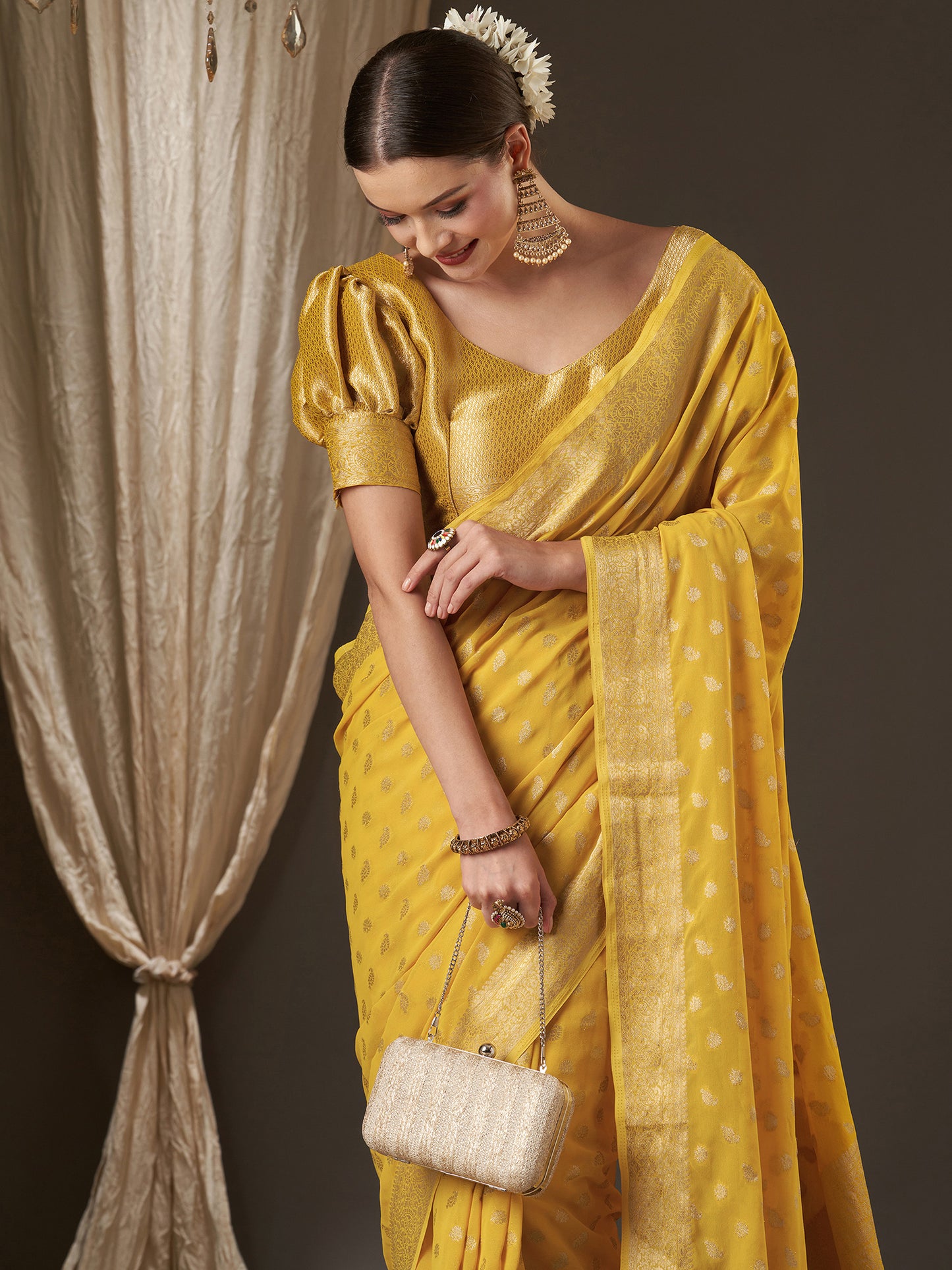 Women's Georgette Yellow Woven Design Designer Saree With Blouse Piece