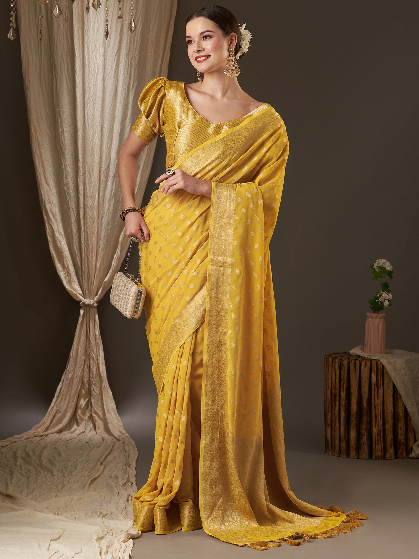 Women's Georgette Yellow Woven Design Designer Saree With Blouse Piece