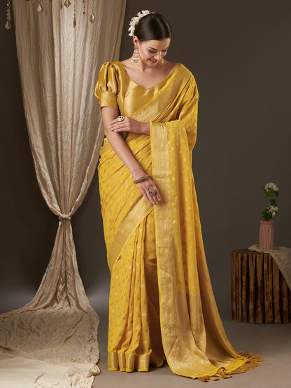 Women's Georgette Yellow Woven Design Designer Saree With Blouse Piece