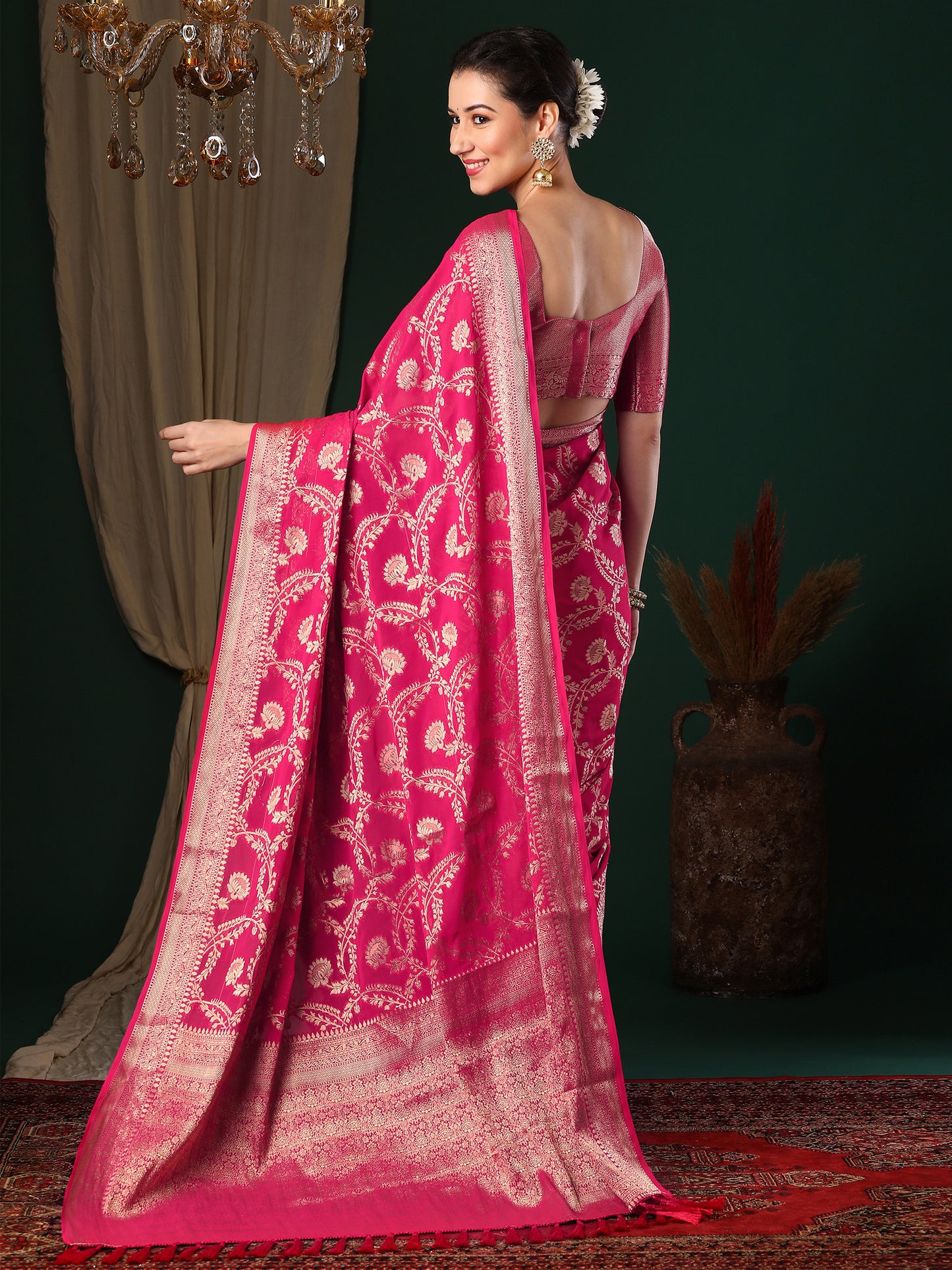 Women's Georgette Pink Woven Design Designer Saree With Blouse Piece