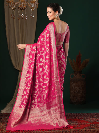 Women's Georgette Pink Woven Design Designer Saree With Blouse Piece
