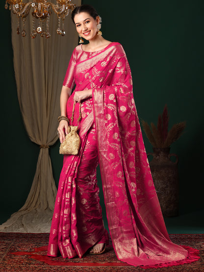 Women's Georgette Pink Woven Design Designer Saree With Blouse Piece