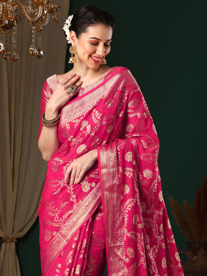 Women's Georgette Pink Woven Design Designer Saree With Blouse Piece