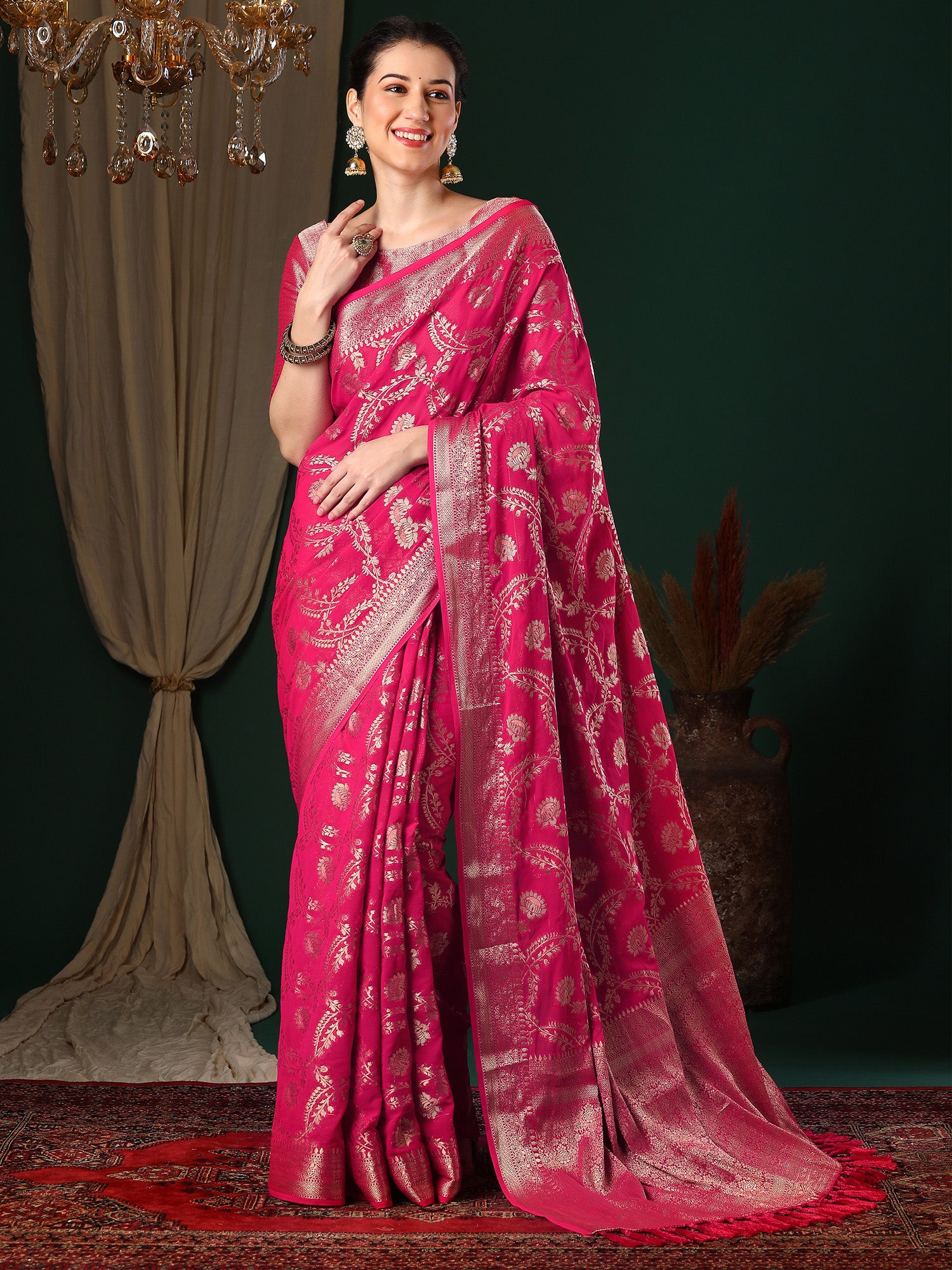 Women's Georgette Pink Woven Design Designer Saree With Blouse Piece