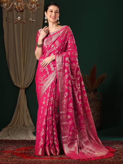 Women's Georgette Pink Woven Design Designer Saree With Blouse Piece