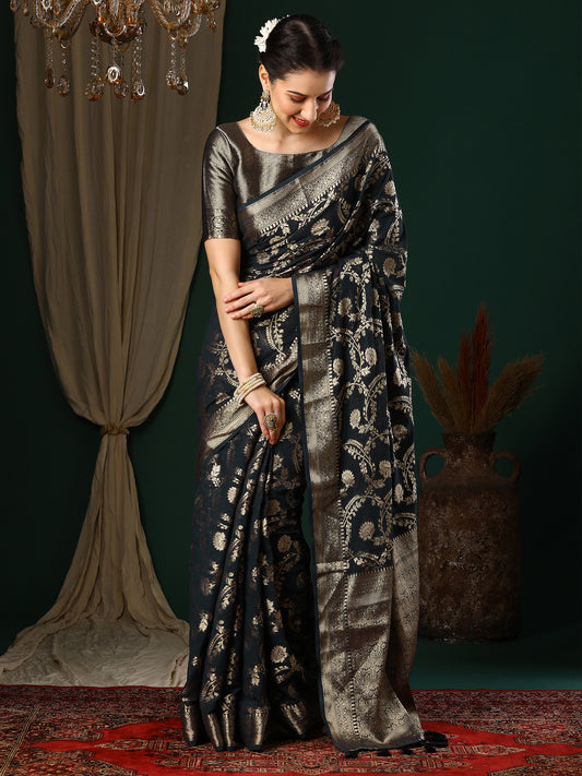 Women's Georgette Black Woven Design Designer Saree With Blouse Piece
