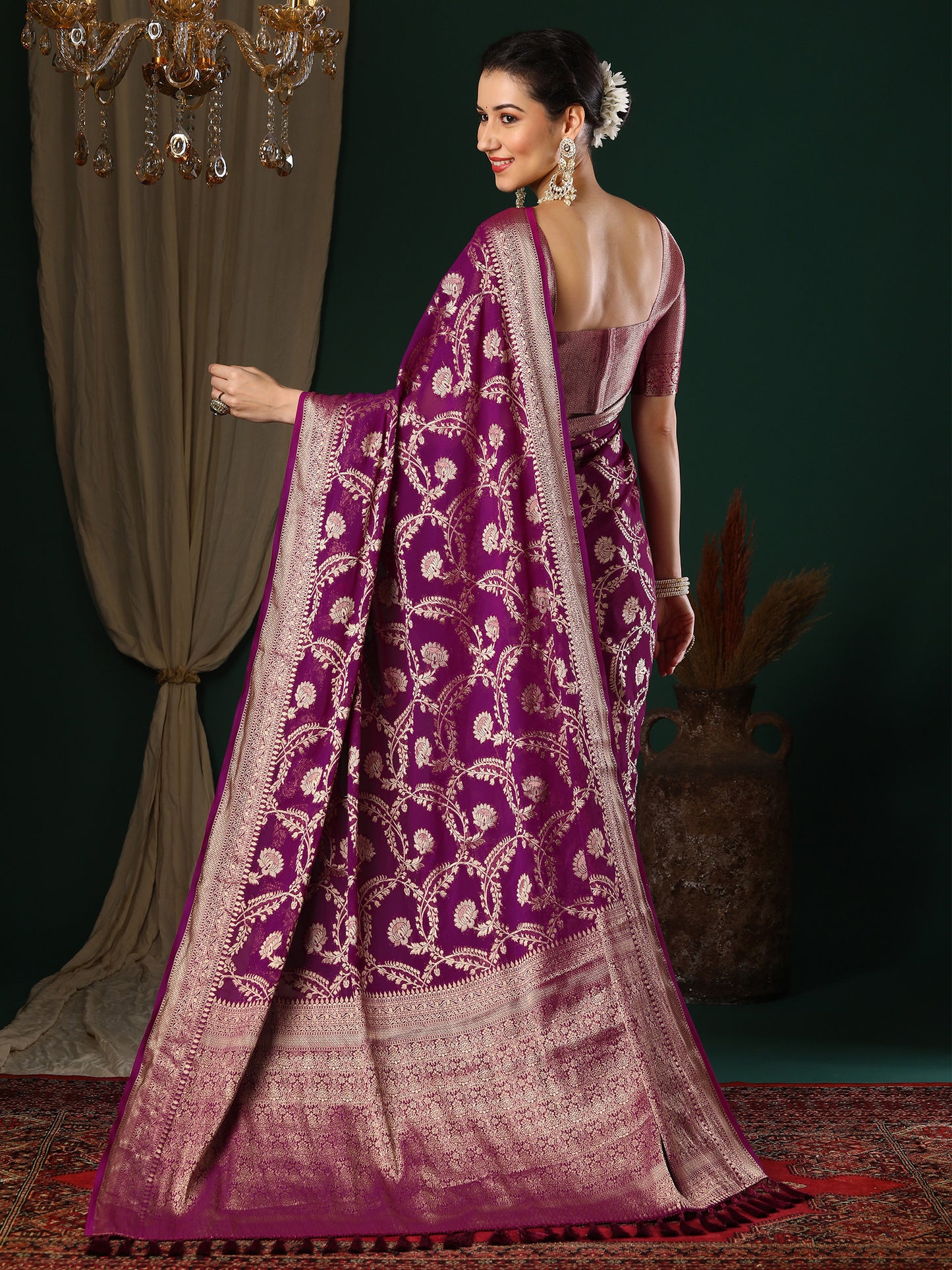Women's Georgette Magenta Woven Design Designer Saree With Blouse Piece
