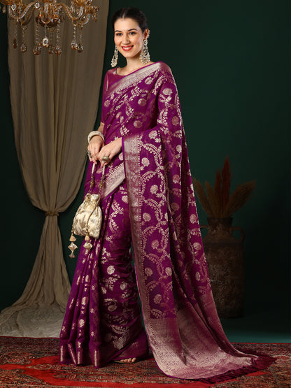 Women's Georgette Magenta Woven Design Designer Saree With Blouse Piece