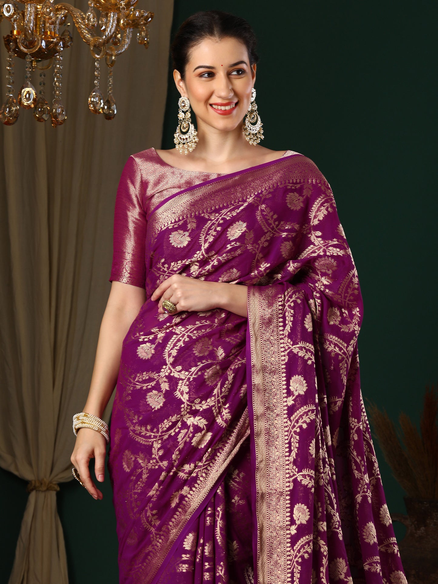 Women's Georgette Magenta Woven Design Designer Saree With Blouse Piece