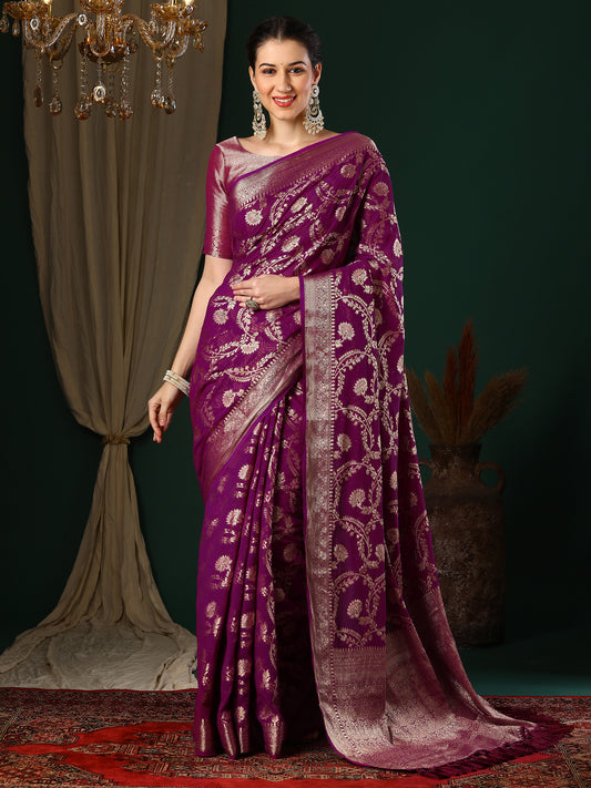 Women's Georgette Magenta Woven Design Designer Saree With Blouse Piece