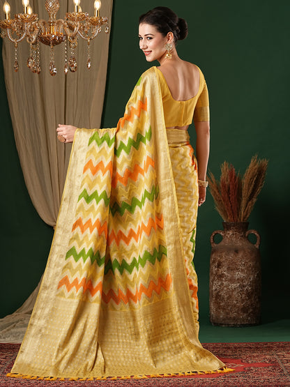 Women's Georgette Yellow Woven Design Designer Saree With Blouse Piece