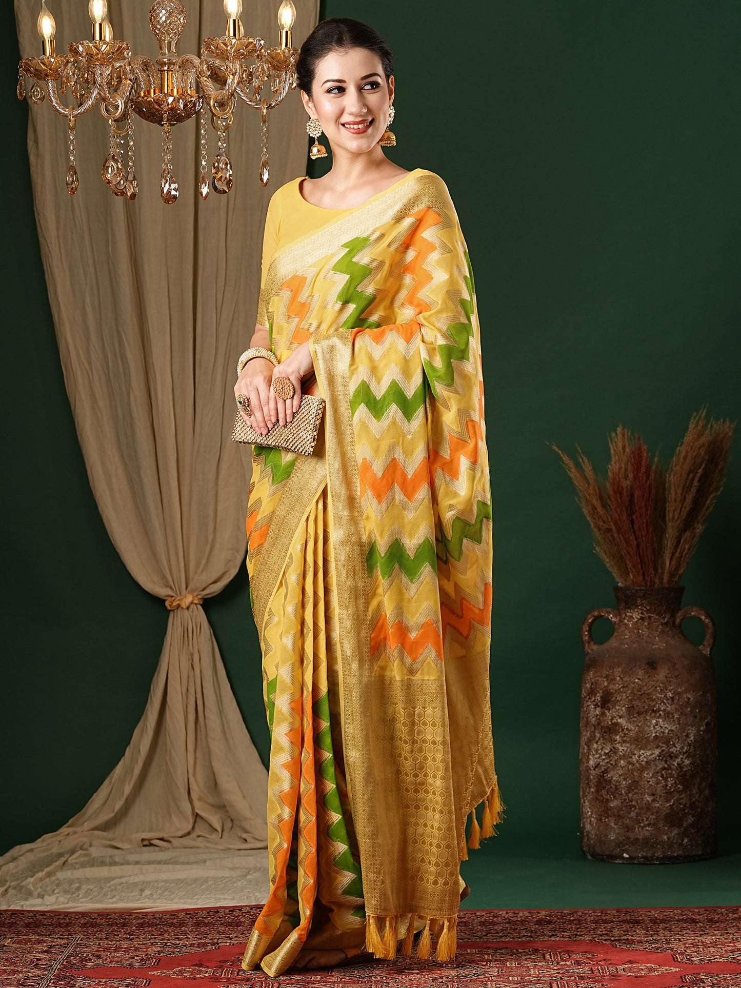 Women's Georgette Yellow Woven Design Designer Saree With Blouse Piece