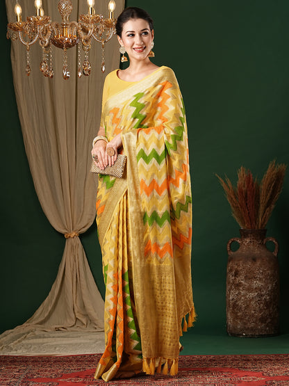 Women's Georgette Yellow Woven Design Designer Saree With Blouse Piece