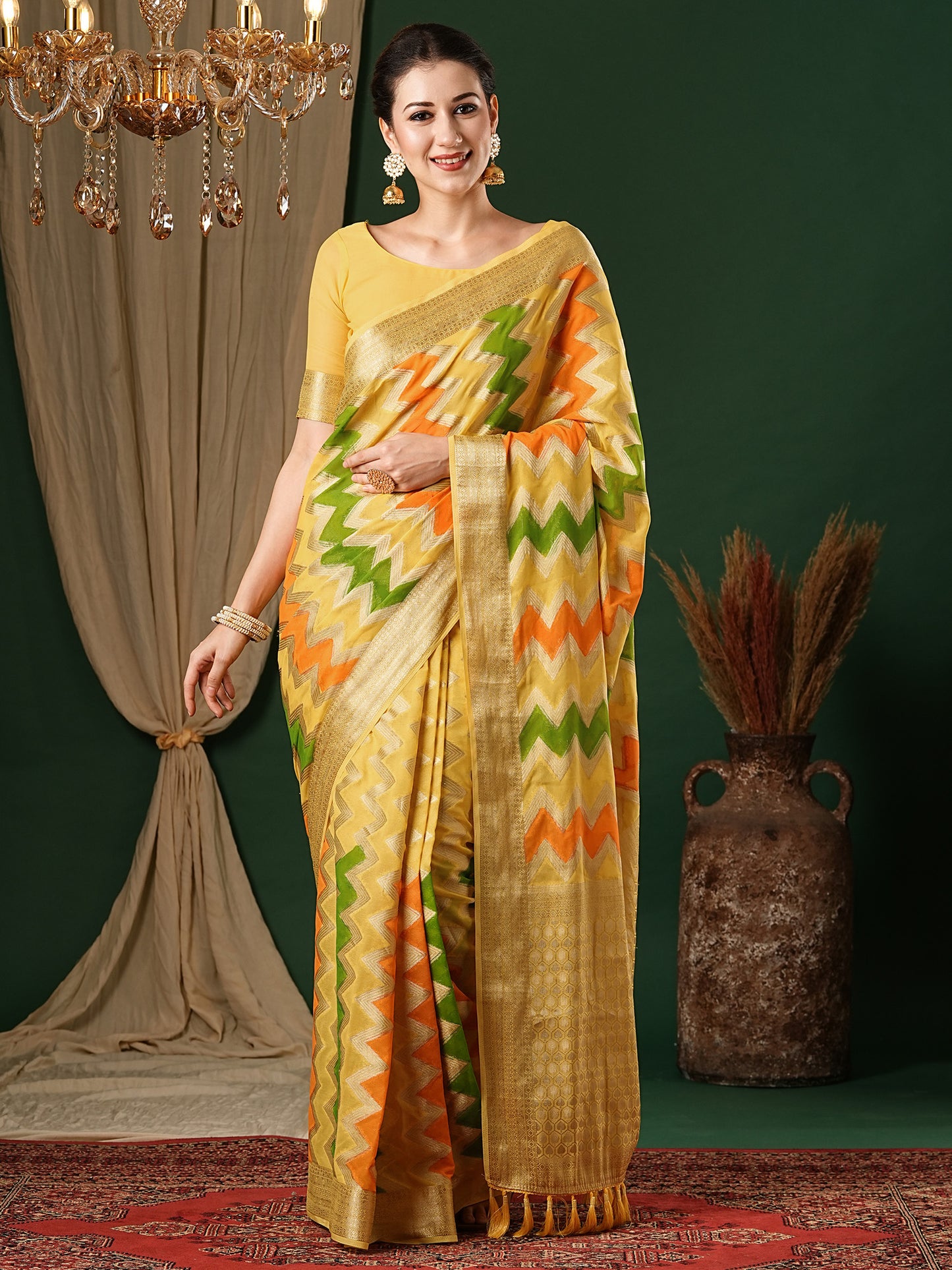 Women's Georgette Yellow Woven Design Designer Saree With Blouse Piece
