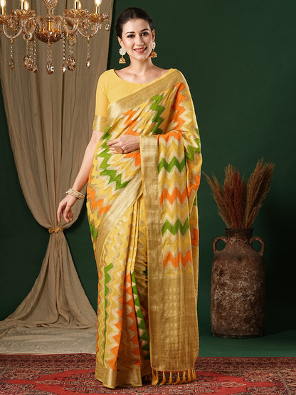 Women's Georgette Yellow Woven Design Designer Saree With Blouse Piece