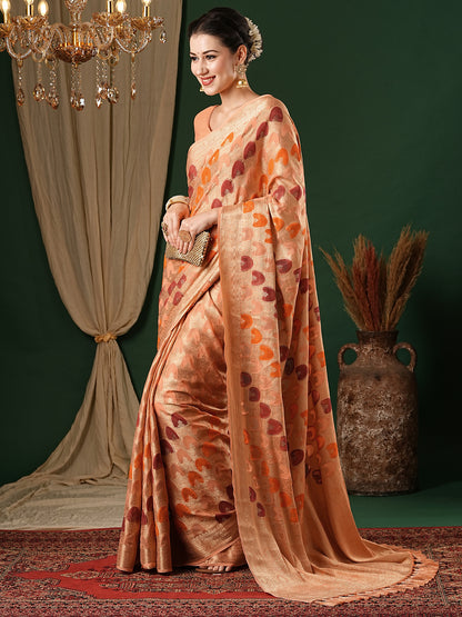 Women's Georgette Orange Woven Design Designer Saree With Blouse Piece