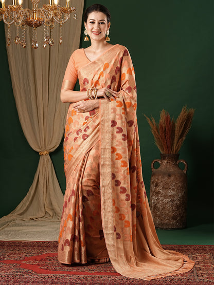 Women's Georgette Orange Woven Design Designer Saree With Blouse Piece