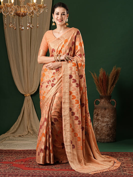 Women's Georgette Orange Woven Design Designer Saree With Blouse Piece