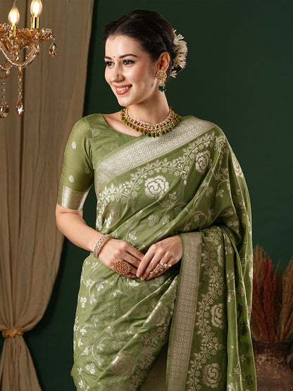 Women's Georgette Olive Woven Design Designer Saree With Blouse Piece