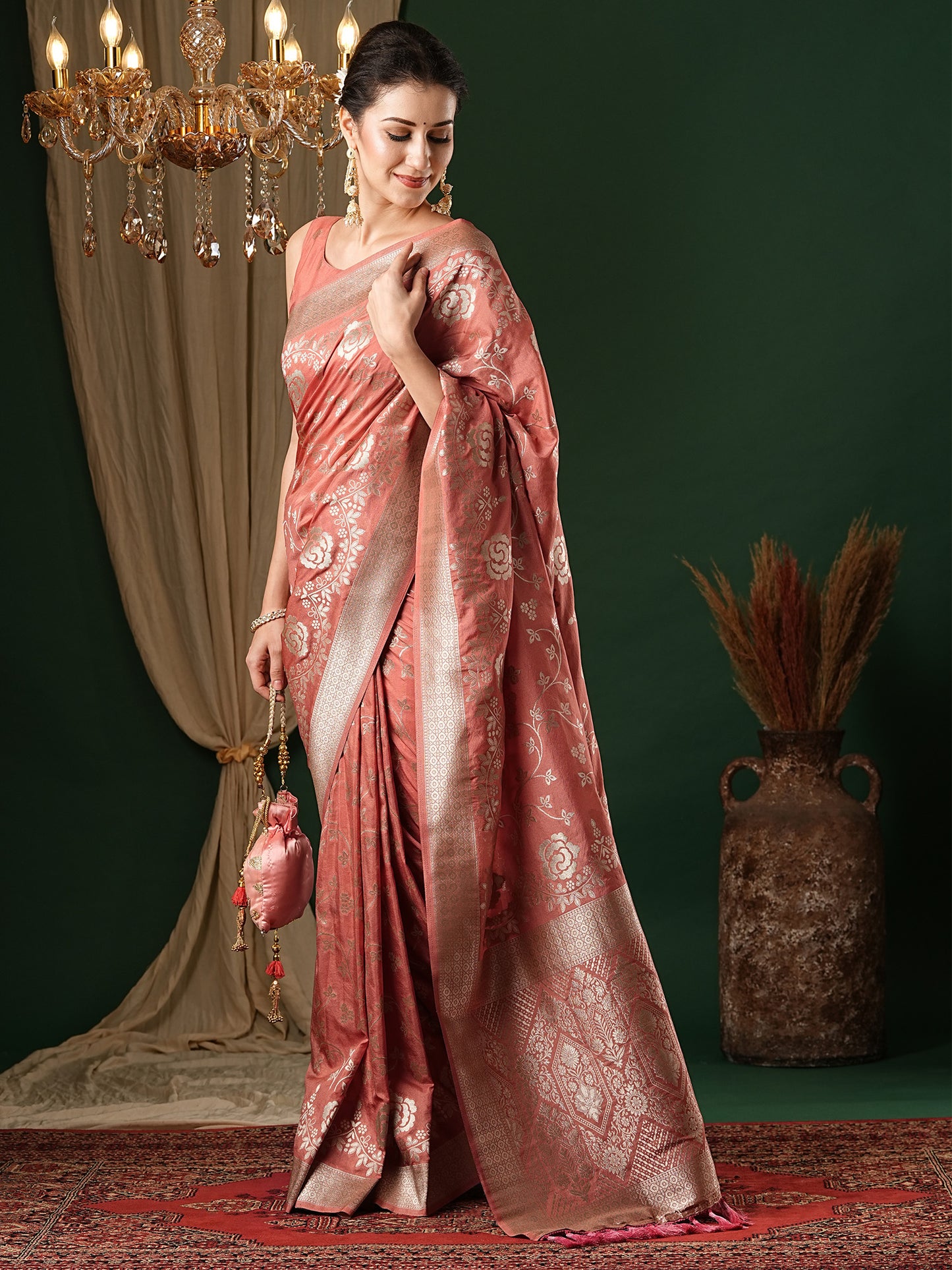 Women's Georgette Peach Woven Design Designer Saree With Blouse Piece