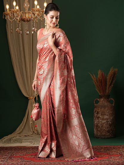 Women's Georgette Peach Woven Design Designer Saree With Blouse Piece