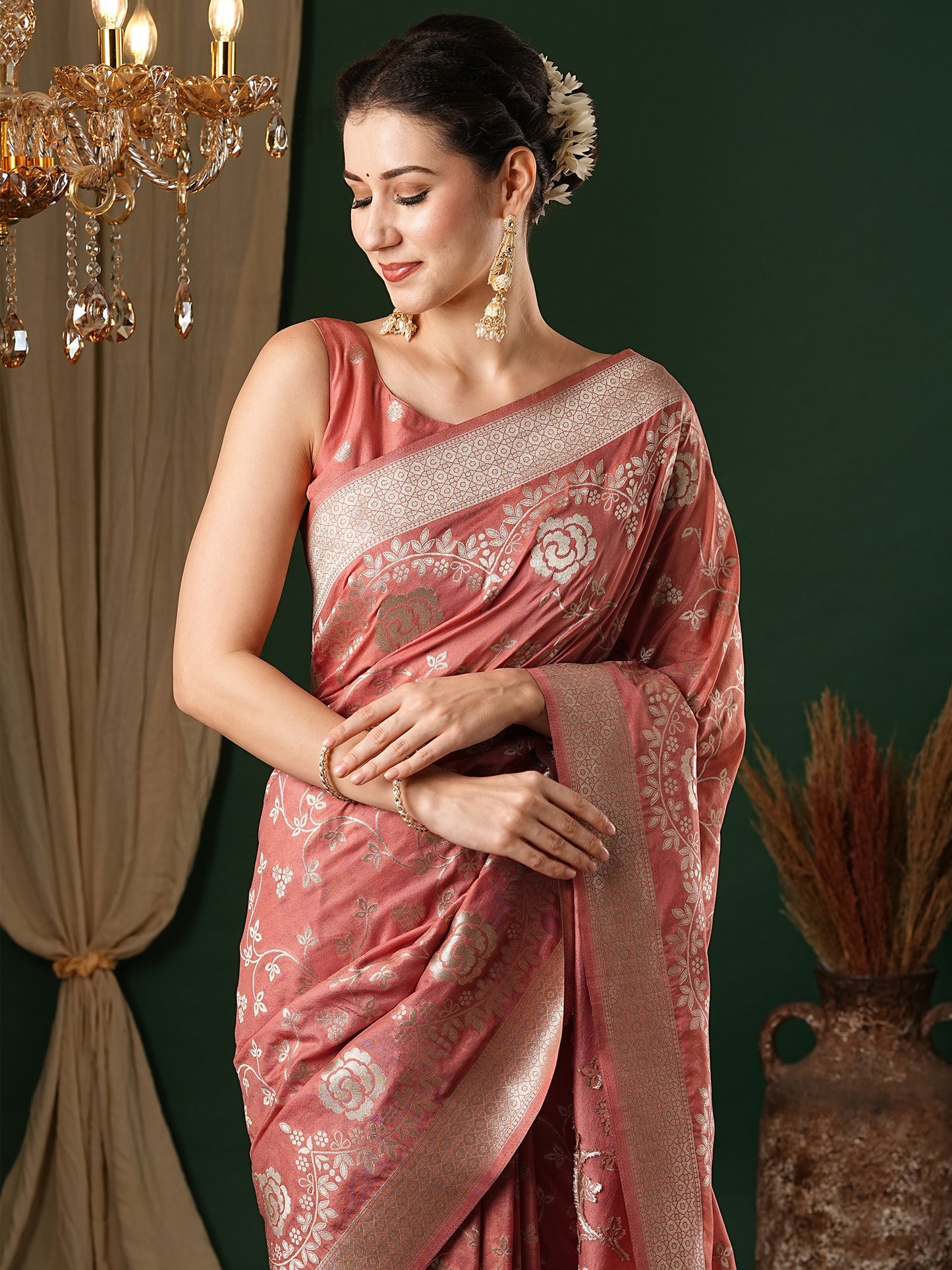 Women's Georgette Peach Woven Design Designer Saree With Blouse Piece