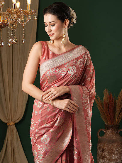 Women's Georgette Peach Woven Design Designer Saree With Blouse Piece