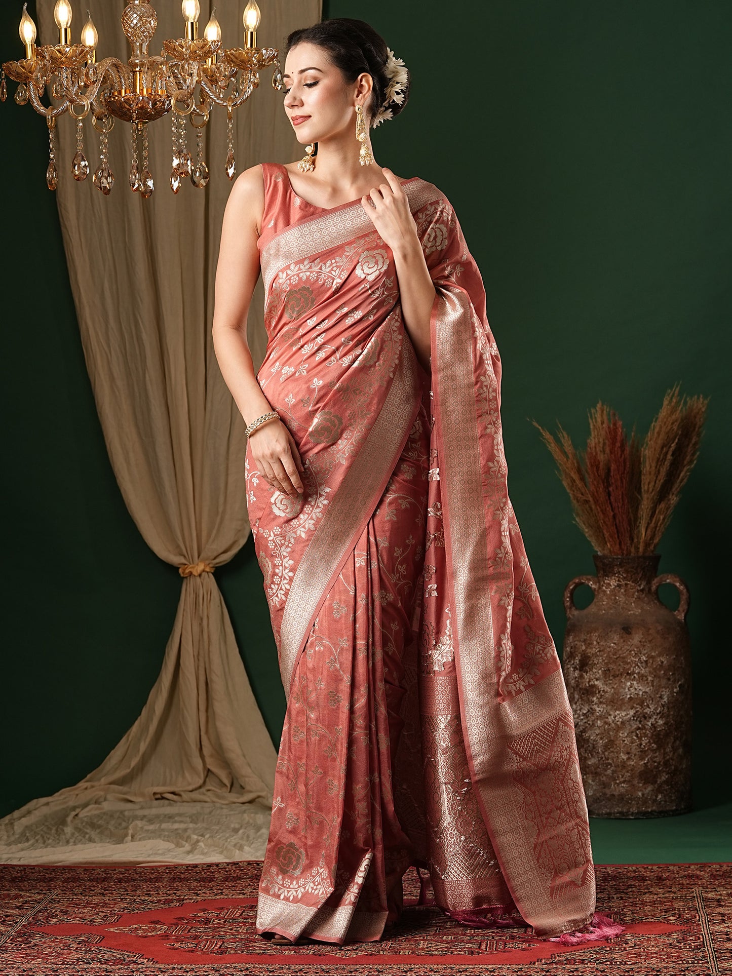 Women's Georgette Peach Woven Design Designer Saree With Blouse Piece