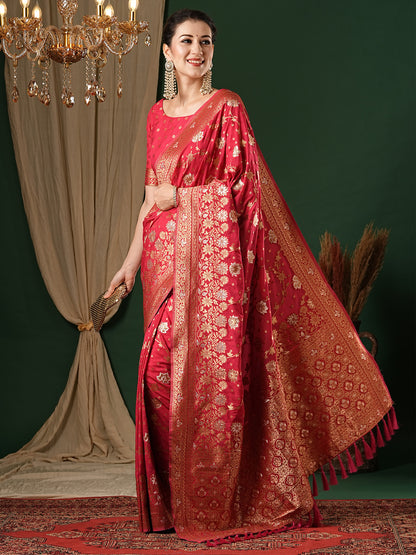 Women's Georgette Pink Woven Design Designer Saree With Blouse Piece